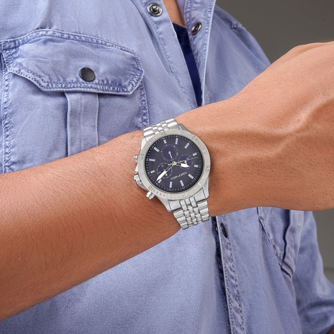 Connery Blue Large Dial Silver Linked Chain Strap Men's Watch