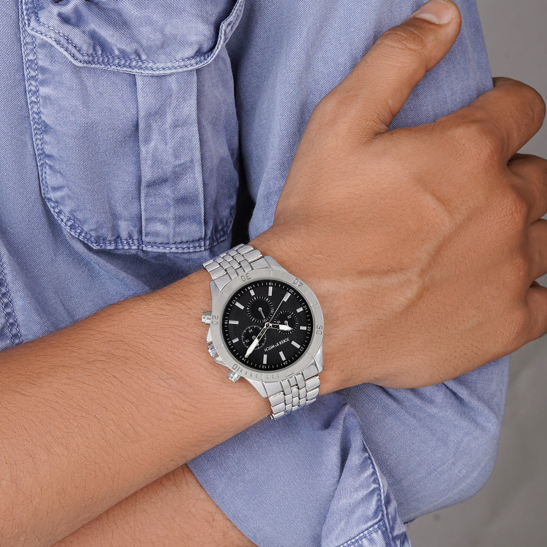 Connery Black Large Dial Silver Linked Chain Strap Men's Watch