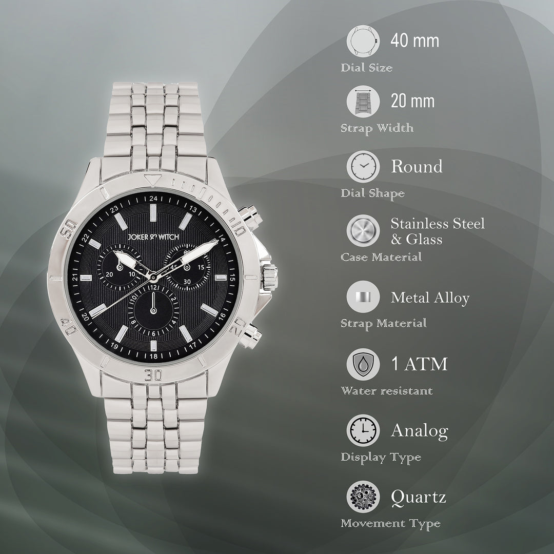 Connery Black Large Dial Silver Linked Chain Strap Men's Watch