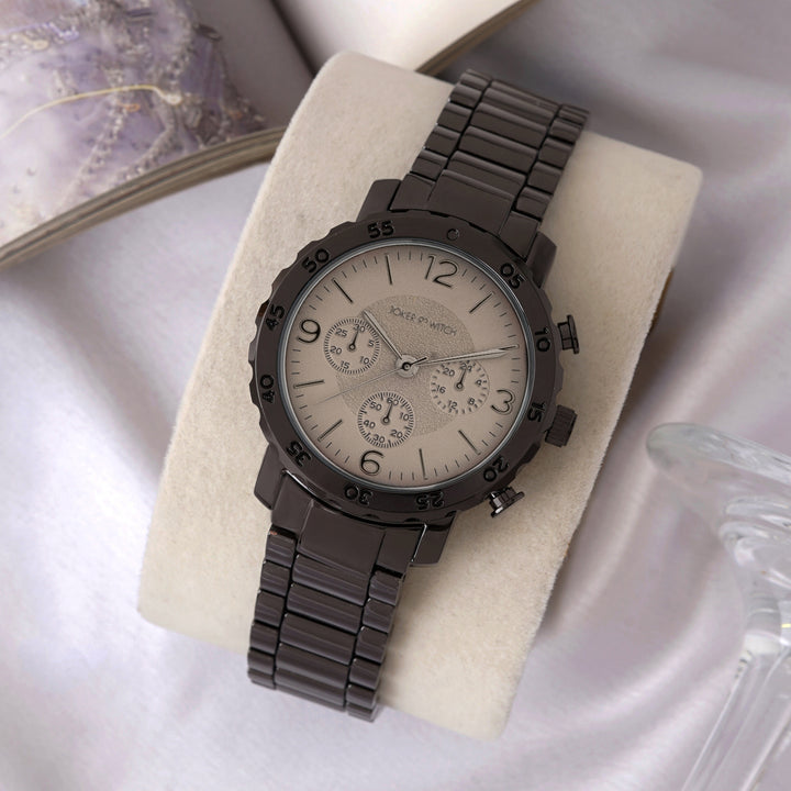 Taye Taupe Large Dial Gunmetal Linked Chain Strap Unisex Watch