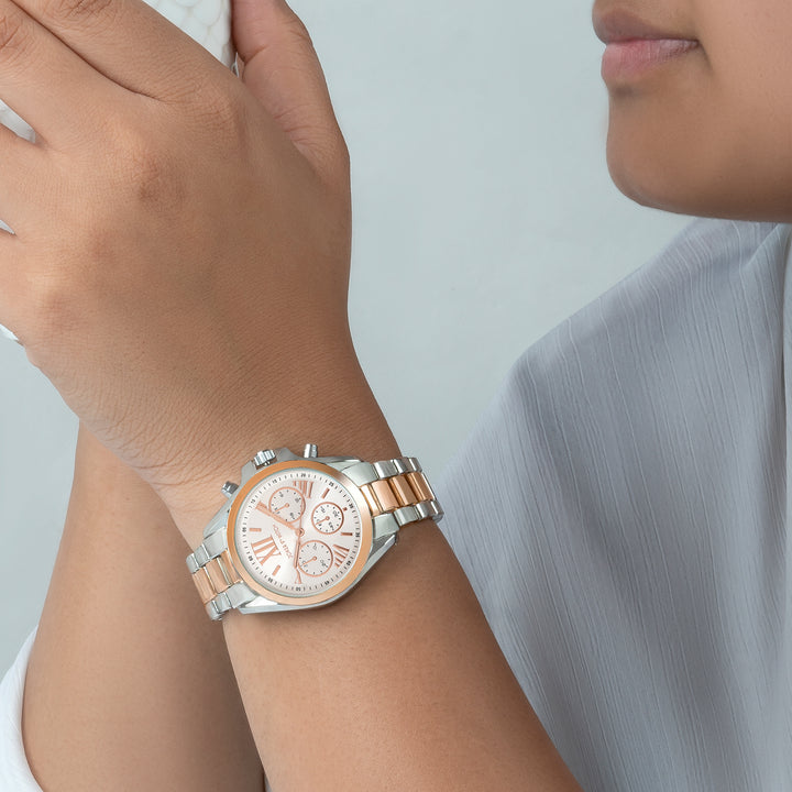 Meghan Silver Large Dial Dual Tone Linked Chain Strap Women's Watch