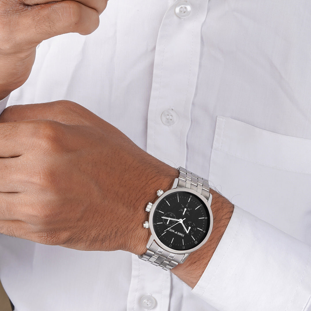 Dracary Black Large Dial Silver Linked Chain Strap Men's Watch