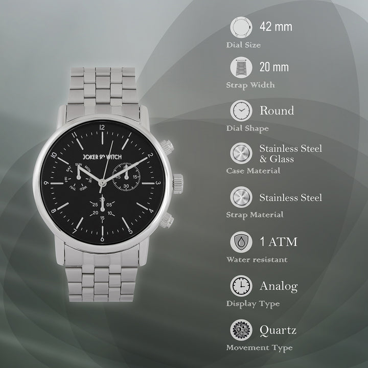 Dracary Black Large Dial Silver Linked Chain Strap Men's Watch