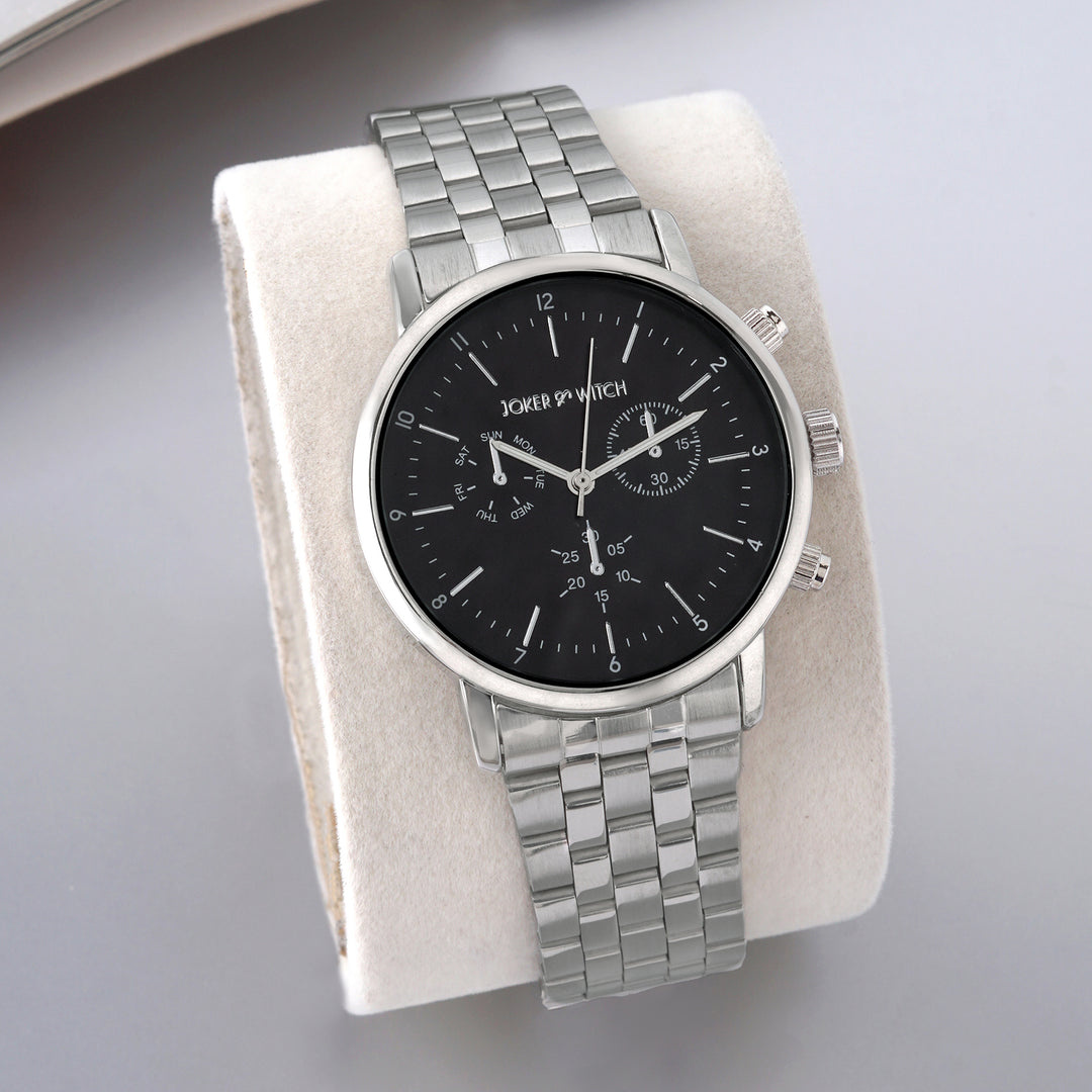 Dracary Black Large Dial Silver Linked Chain Strap Men's Watch