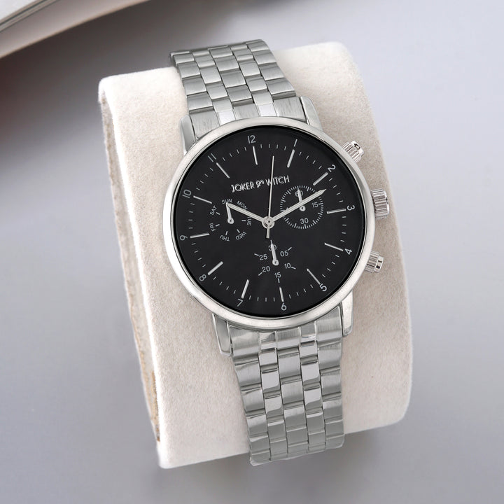 Dracary Black Large Dial Silver Linked Chain Strap Men's Watch