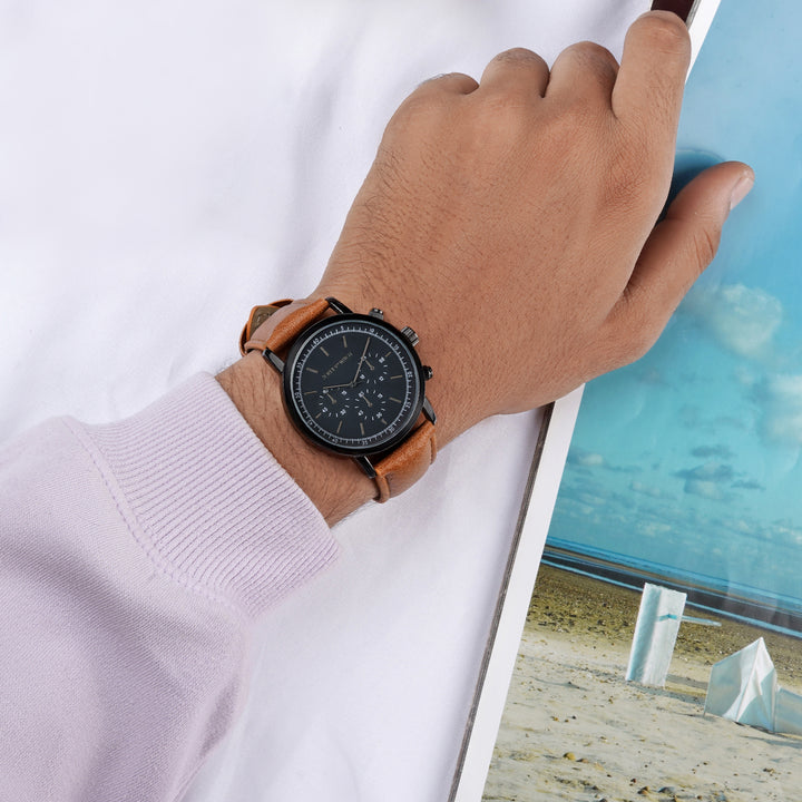 Laanda Grey Large Dial Brown PU Strap Men's Watch