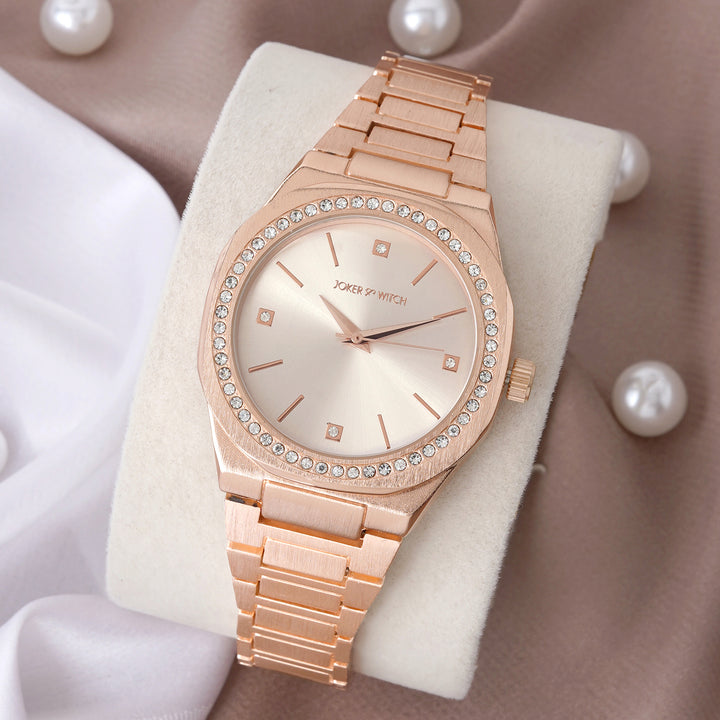 Pegasus Rose Gold Large Rhinestone Dial Linked Chain Strap Women's Watch