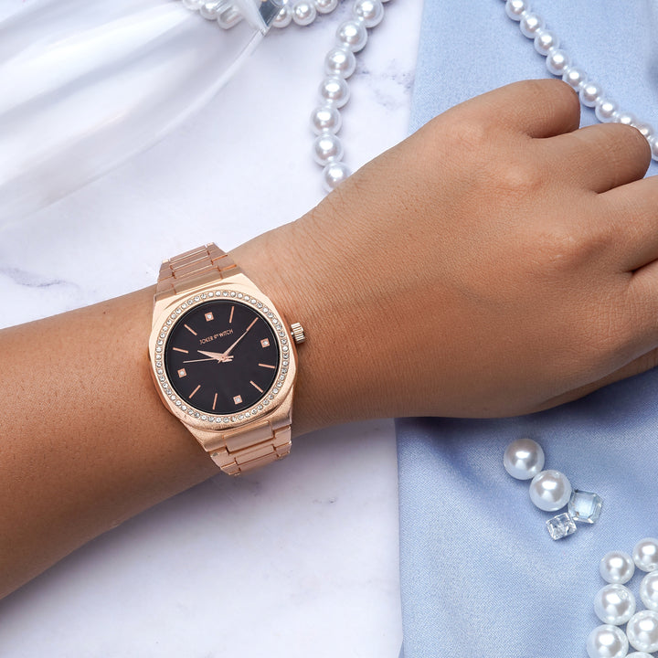 Pegasus Black Large Rhinestone Dial Rose Gold Linked Chain Strap Women's Watch