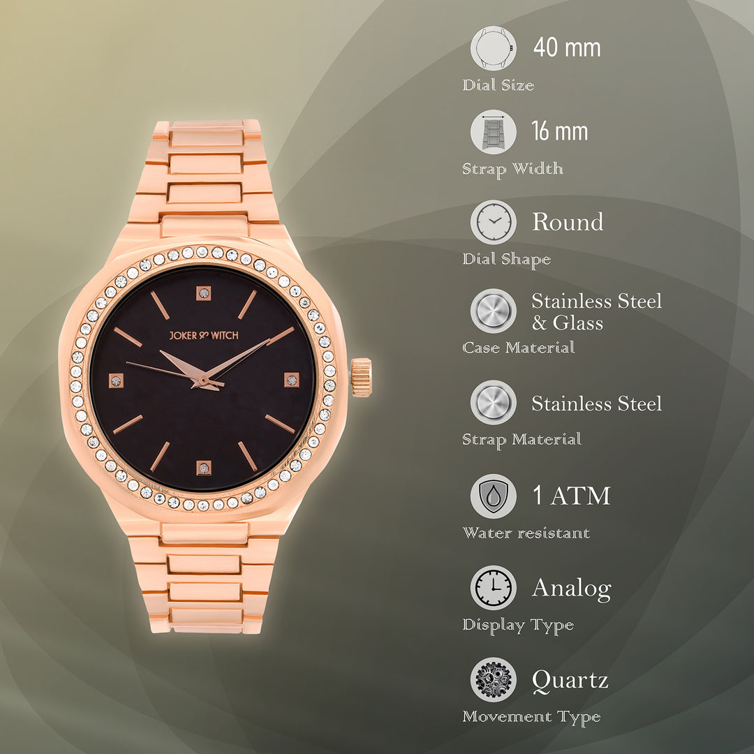 Pegasus Black Large Rhinestone Dial Rose Gold Linked Chain Strap Women's Watch