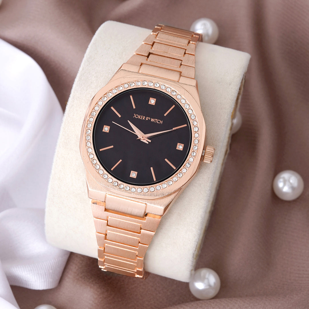 Pegasus Black Large Rhinestone Dial Rose Gold Linked Chain Strap Women's Watch