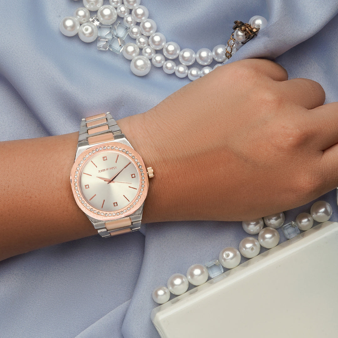 Pegasus Silver Large Dial Rhinestone Dual Tone Linked Chain Strap Women's Watch