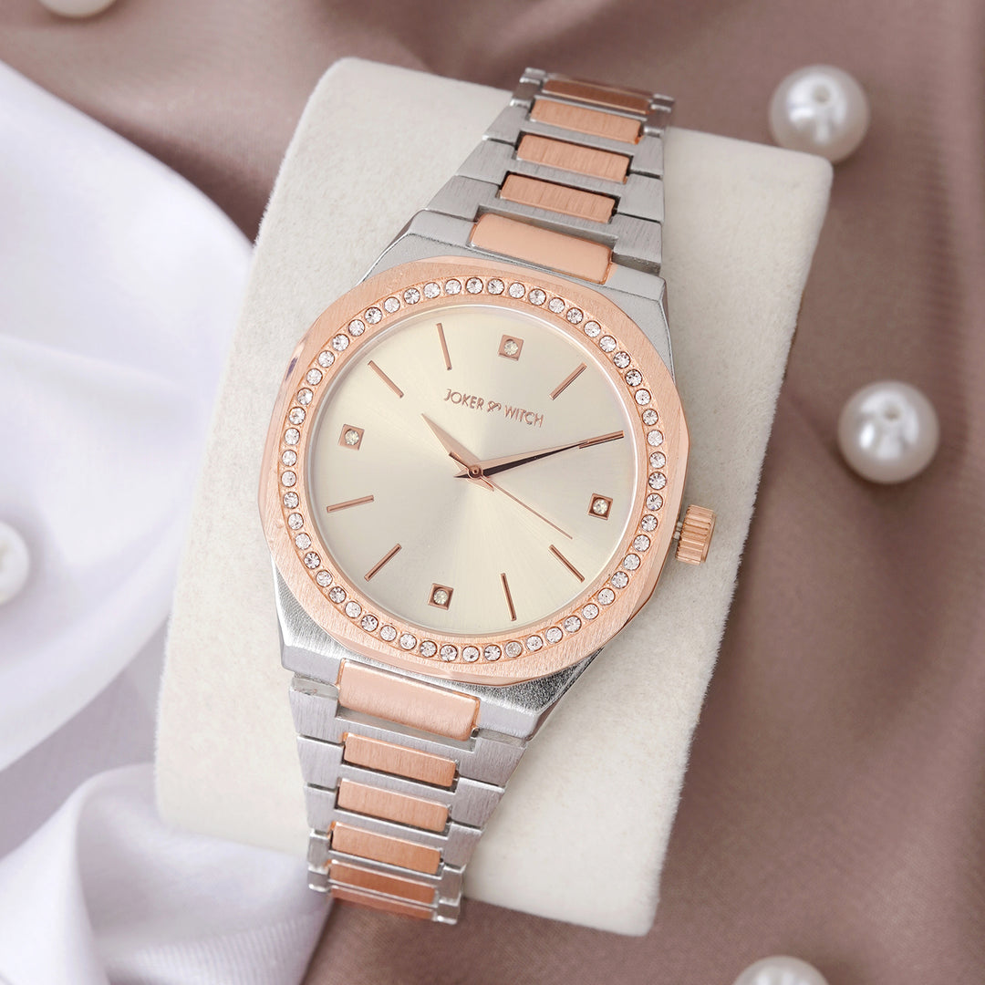 Pegasus Silver Large Dial Rhinestone Dual Tone Linked Chain Strap Women's Watch