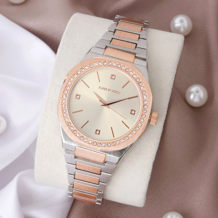 Pegasus Silver Large Dial Rhinestone Dual Tone Linked Chain Strap Women's Watch