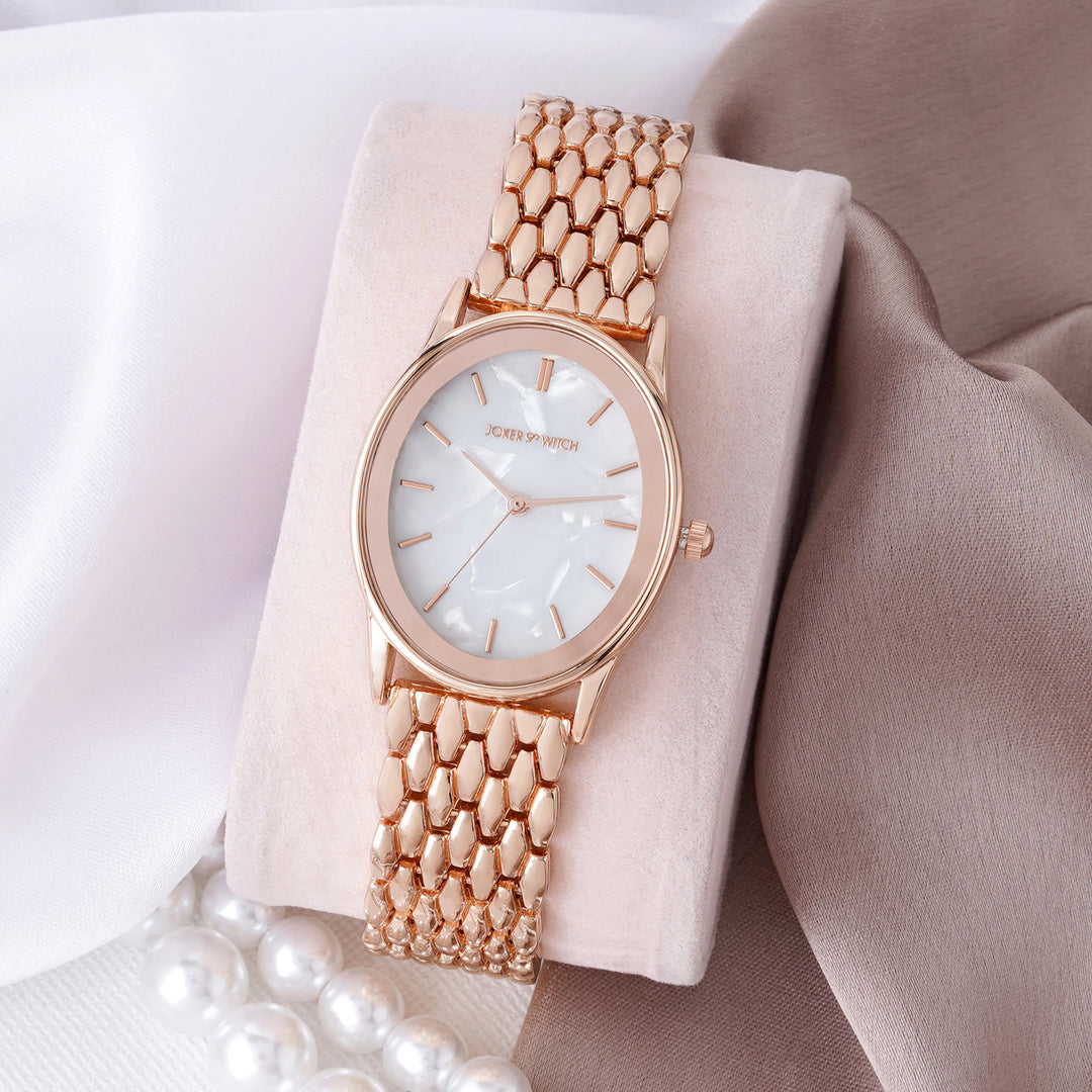 Quisp White Small Oval Dial Rose Gold Linked Chain Strap Women's Watch