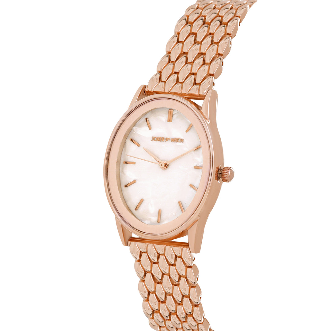Quisp White Small Oval Dial Rose Gold Linked Chain Strap Women's Watch