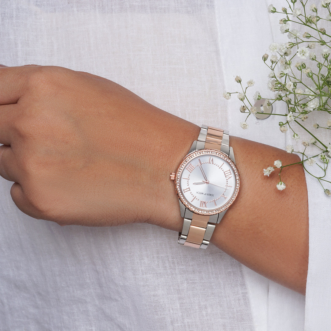 Adrenalina Silver Medium Rhinestone Dial Dual Tone Linked Chain Strap Women's Watch