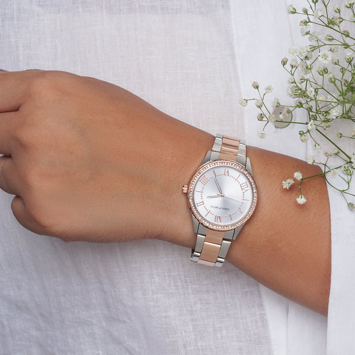 Adrenalina Silver Medium Rhinestone Dial Dual Tone Linked Chain Strap Women's Watch