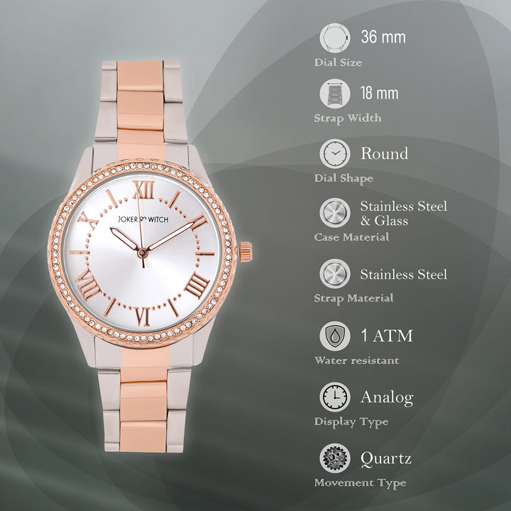 Adrenalina Silver Medium Rhinestone Dial Dual Tone Linked Chain Strap Women's Watch