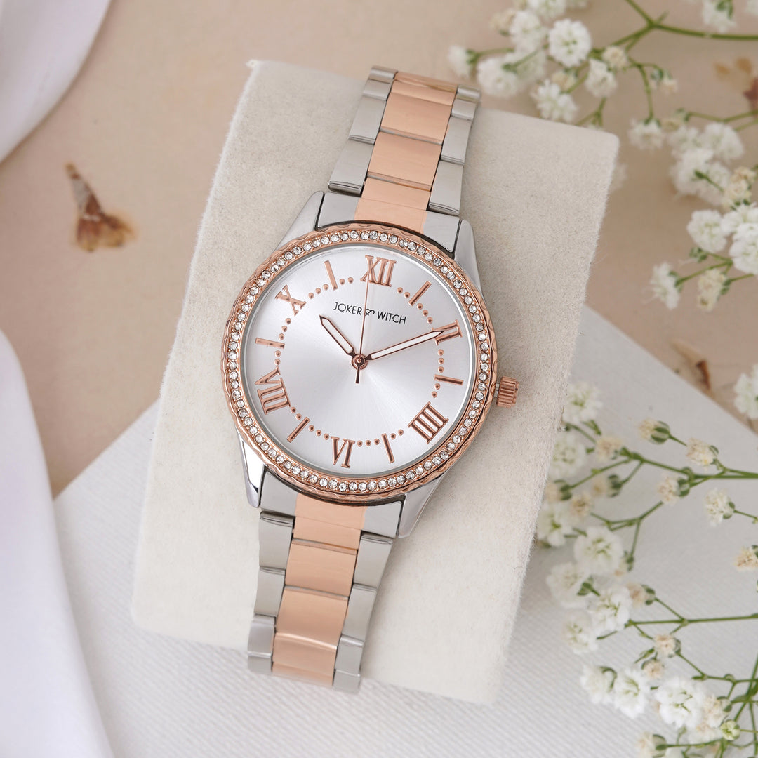 Adrenalina Silver Medium Rhinestone Dial Dual Tone Linked Chain Strap Women's Watch