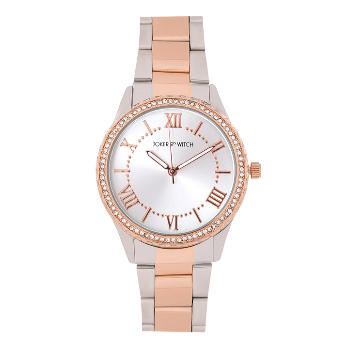 Adrenalina Silver Medium Rhinestone Dial Dual Tone Linked Chain Strap Women's Watch