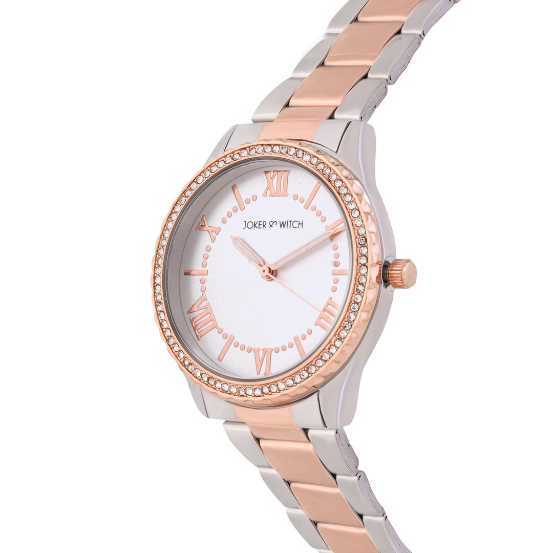 Adrenalina Silver Medium Rhinestone Dial Dual Tone Linked Chain Strap Women's Watch