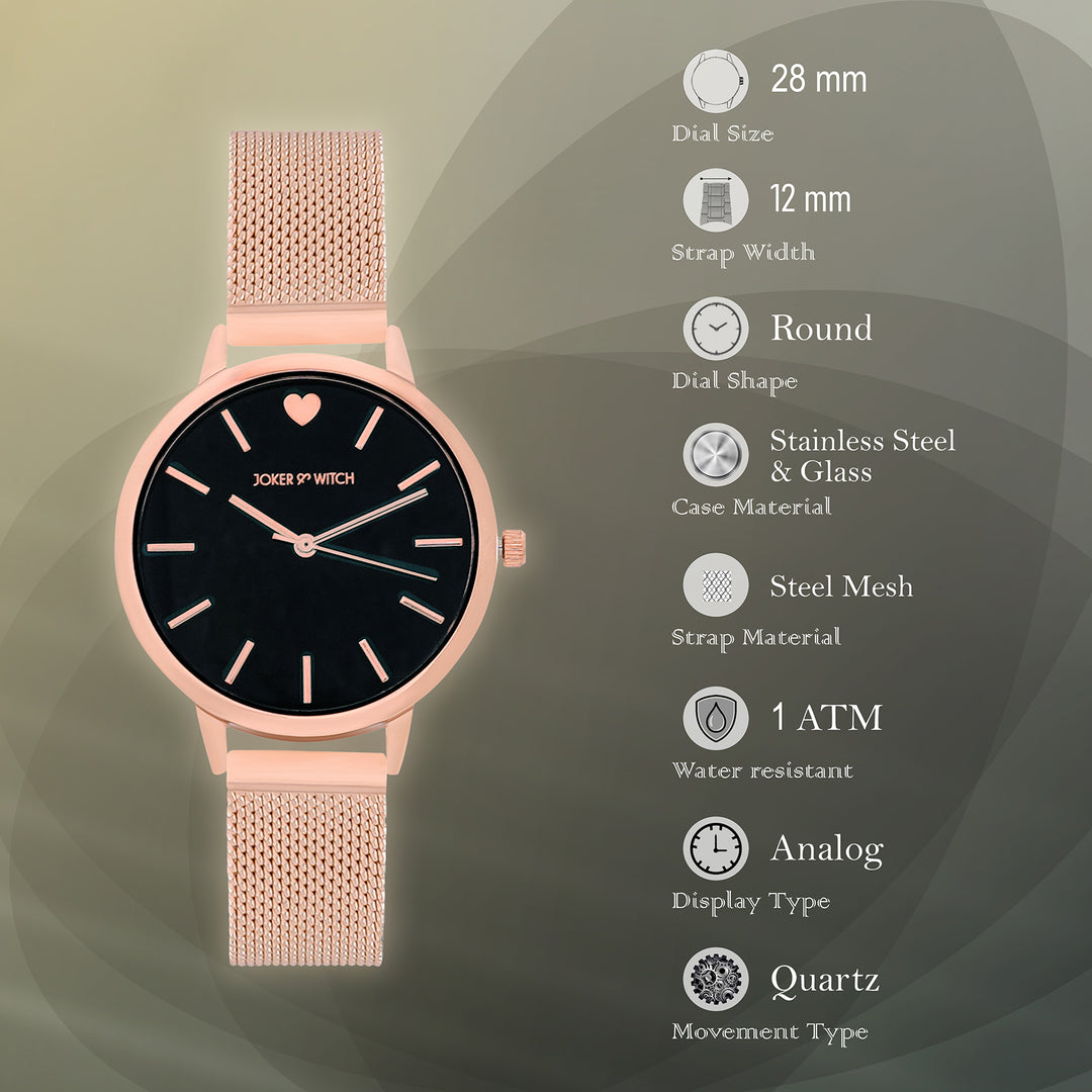 Twelve O'Heart Black Small Dial Rose Gold Mesh Strap Women's Watch