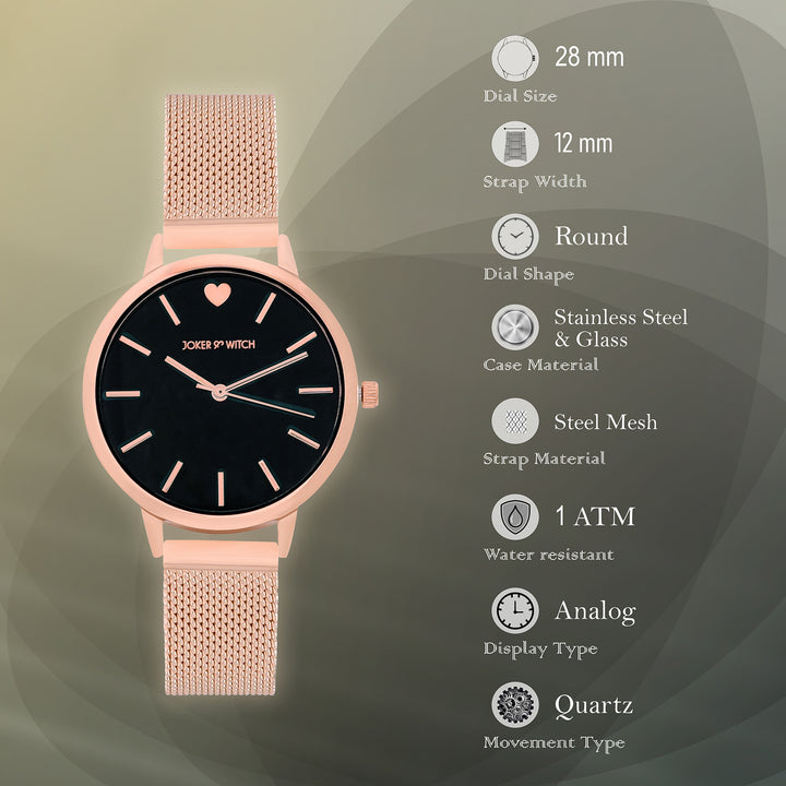 Twelve O'Heart Black Small Dial Rose Gold Mesh Strap Women's Watch