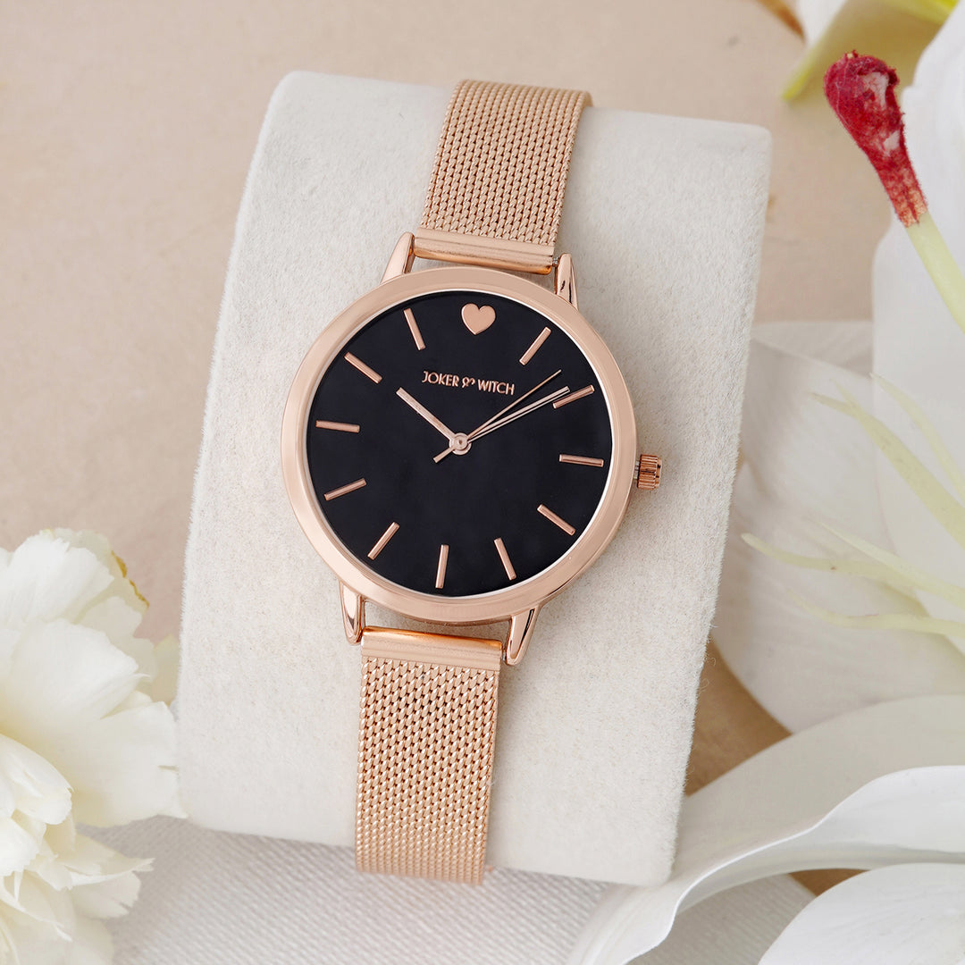 Twelve O'Heart Black Small Dial Rose Gold Mesh Strap Women's Watch