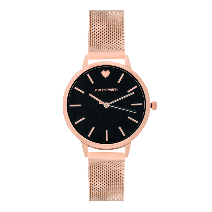 Twelve O'Heart Black Small Dial Rose Gold Mesh Strap Women's Watch