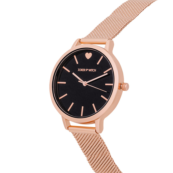 Twelve O'Heart Black Small Dial Rose Gold Mesh Strap Women's Watch