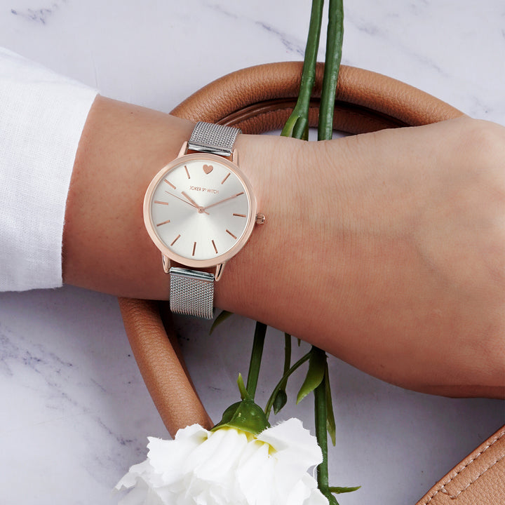 Twelve O'Heart Silver Medium Dial Mesh Strap Women's Watch