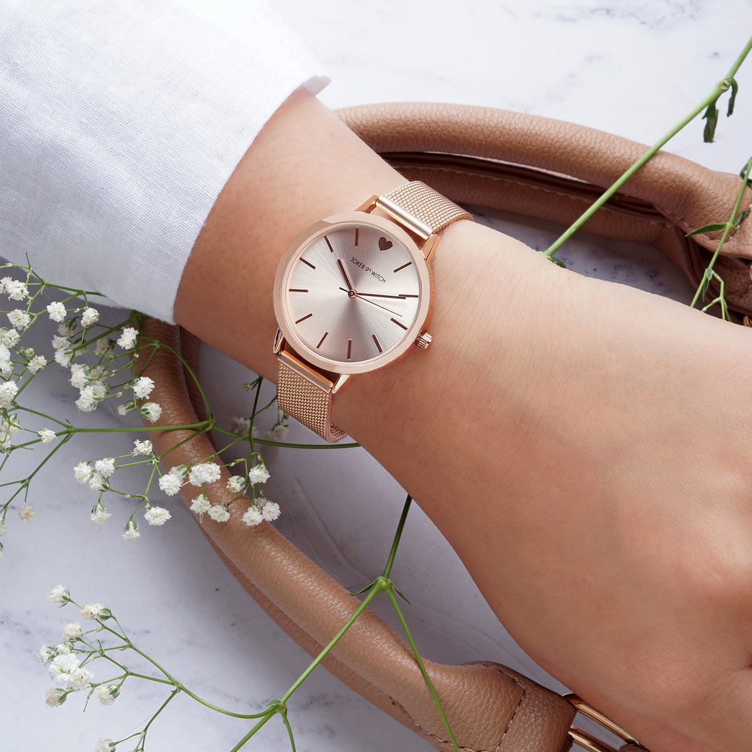 Twelve O'Heart Rose Gold Medium Dial Mesh Strap Women's Watch