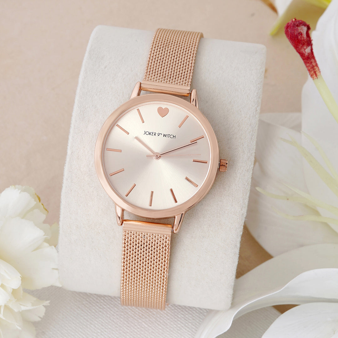 Twelve O'Heart Rose Gold Medium Dial Mesh Strap Women's Watch