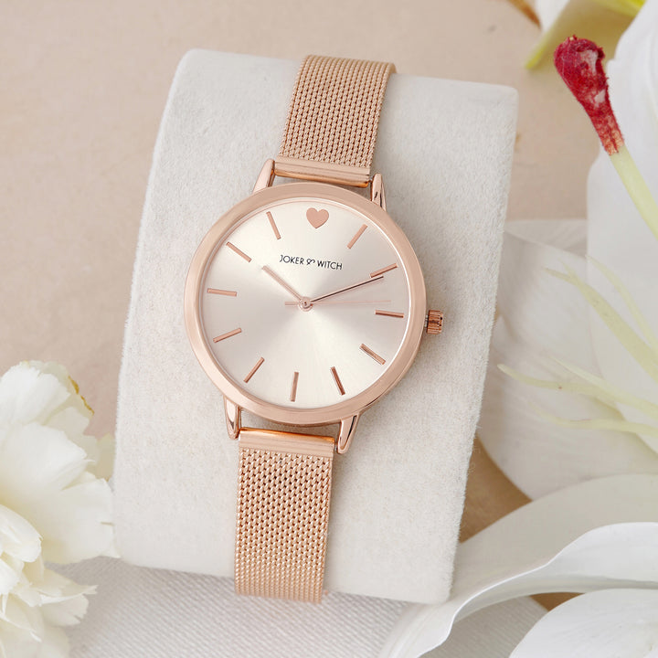 Twelve O'Heart Rose Gold Medium Dial Mesh Strap Women's Watch