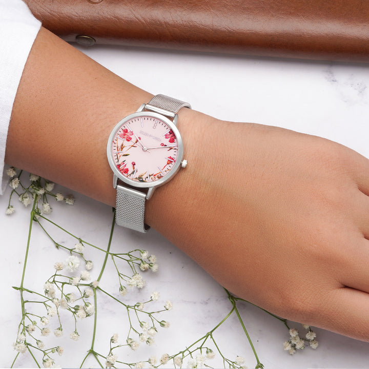 Tygra Pink Medium Dial Silver Mesh Strap Women's Watch