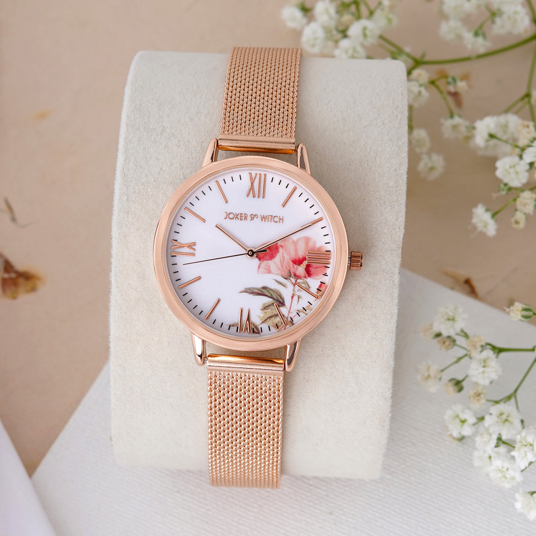 Edna White Medium Dial Rose Gold Mesh Strap Women's Watch