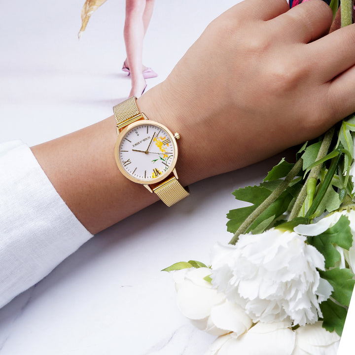 Edna White Medium Dial Gold Mesh Strap Women's Watch