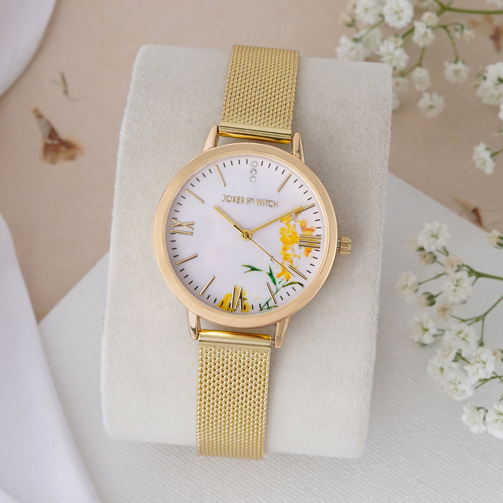 Edna White Medium Dial Gold Mesh Strap Women's Watch