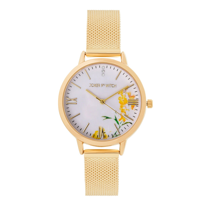 Edna White Medium Dial Gold Mesh Strap Women's Watch
