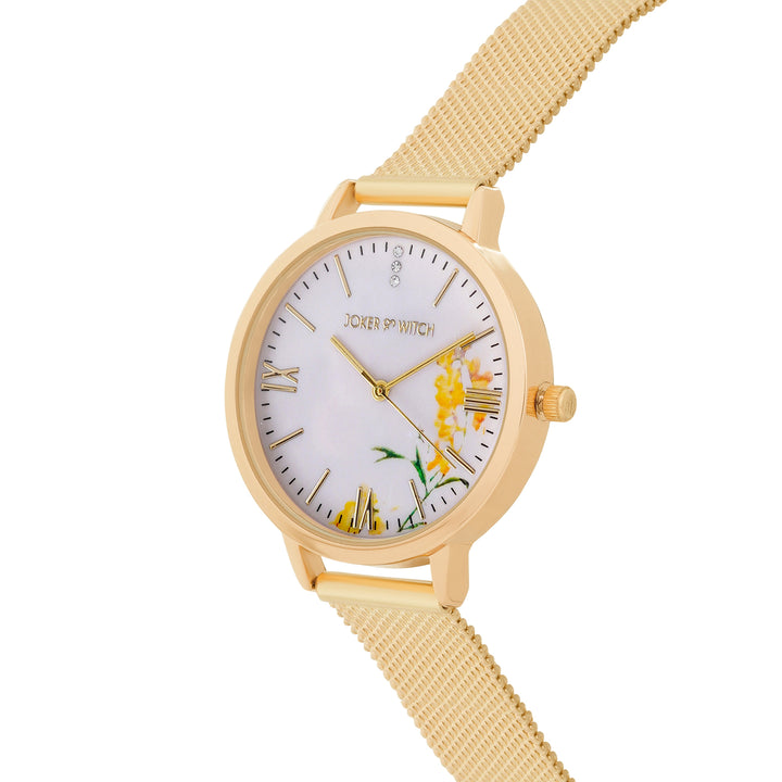 Edna White Medium Dial Gold Mesh Strap Women's Watch