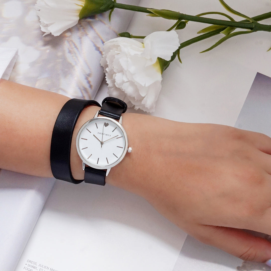 Twelve O'Heart White Medium Dial Black PU Wrap Around Strap Women's Watch