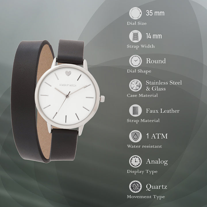 Twelve O'Heart White Medium Dial Black PU Wrap Around Strap Women's Watch