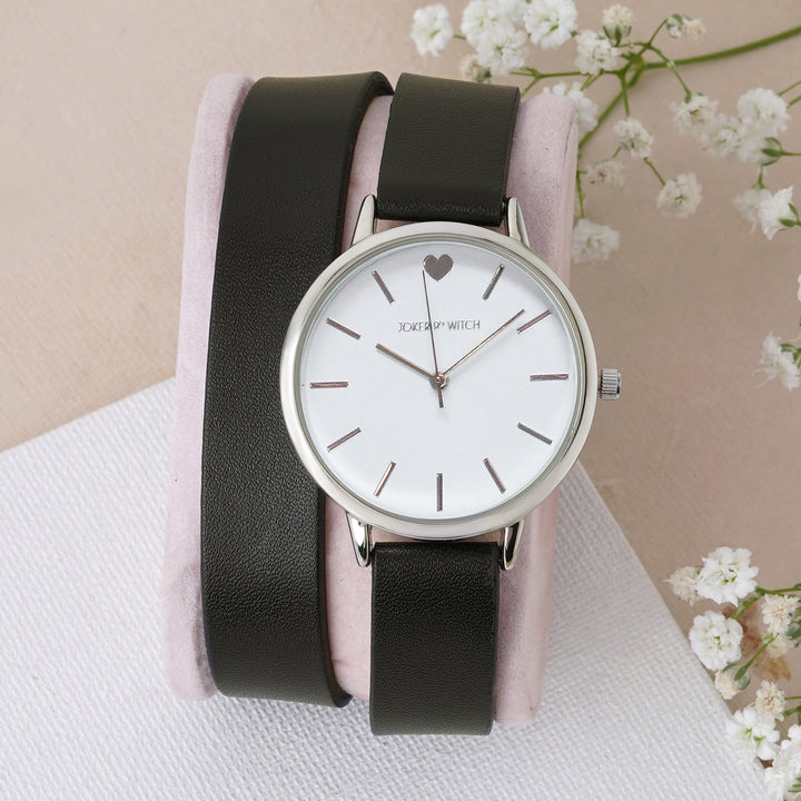 Twelve O'Heart White Medium Dial Black PU Wrap Around Strap Women's Watch