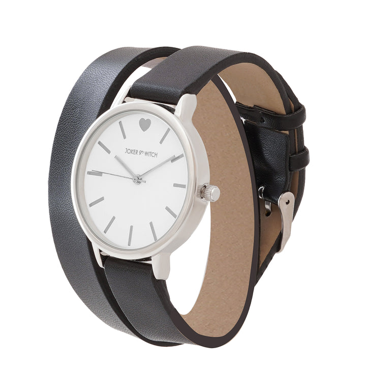 Twelve O'Heart White Medium Dial Black PU Wrap Around Strap Women's Watch