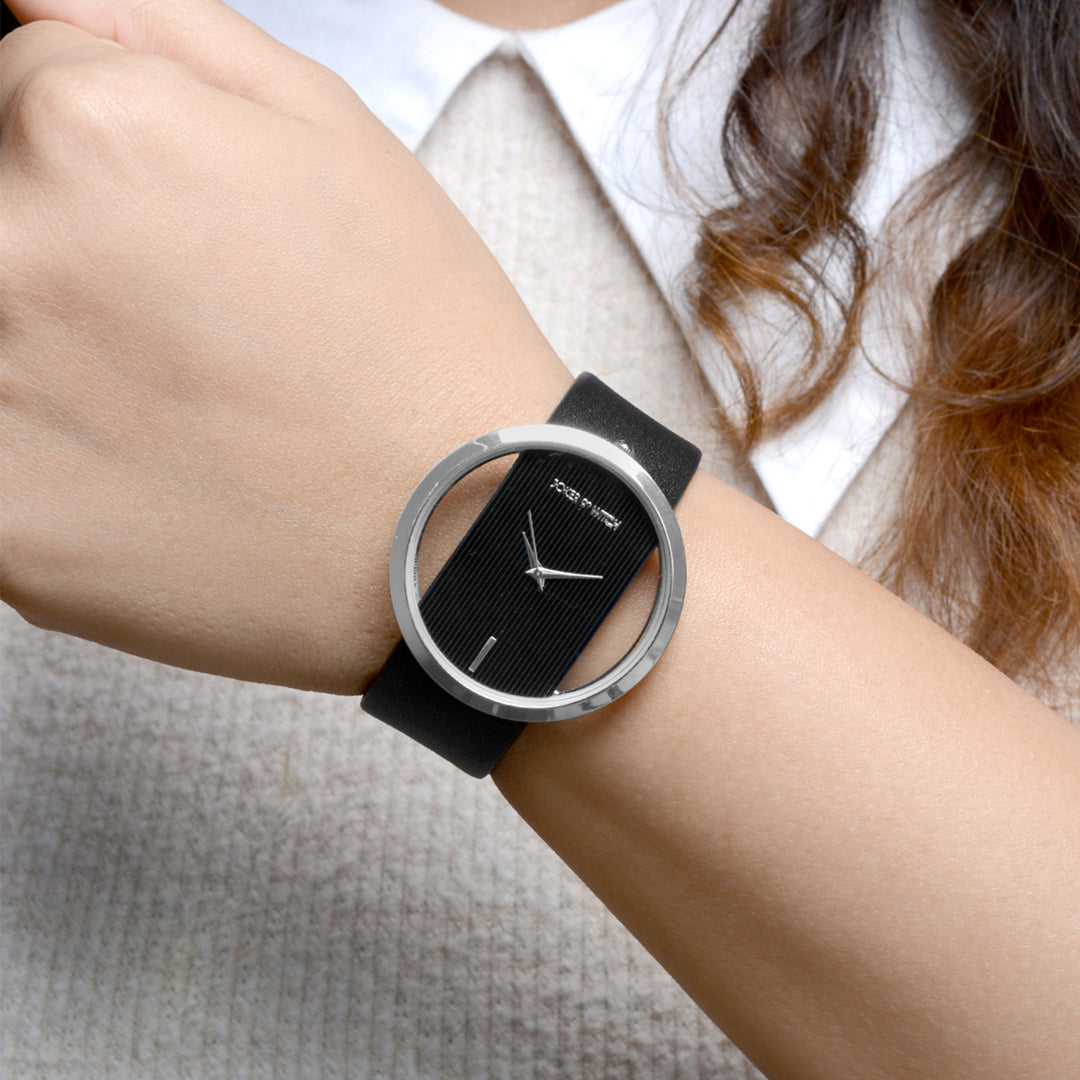 Futuristic Silver Black Large Dial PU Strap Women's Watch