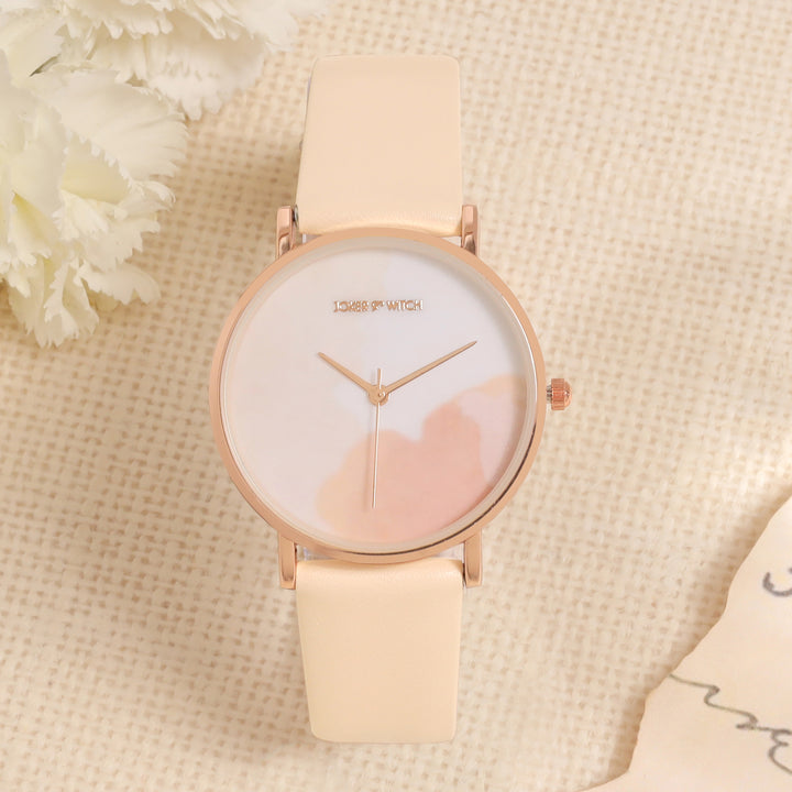 Printed Lively Beige Medium Dial PU Strap Women's Watch