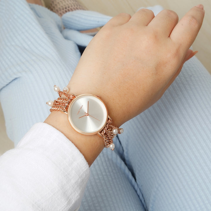 Adaline Silver Medium Dial Rose Gold Pearl Strap Women's Watch