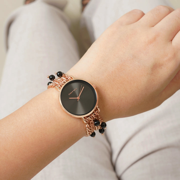 Adaline Black Medium Dial Rose Gold Pearl Strap Women's Watch