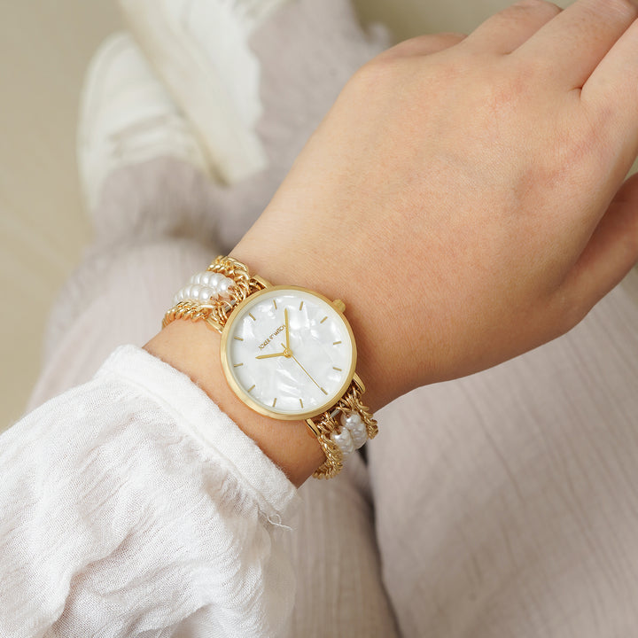 Odessa White MOP Medium Dial Gold Pearl Strap Women's Watch
