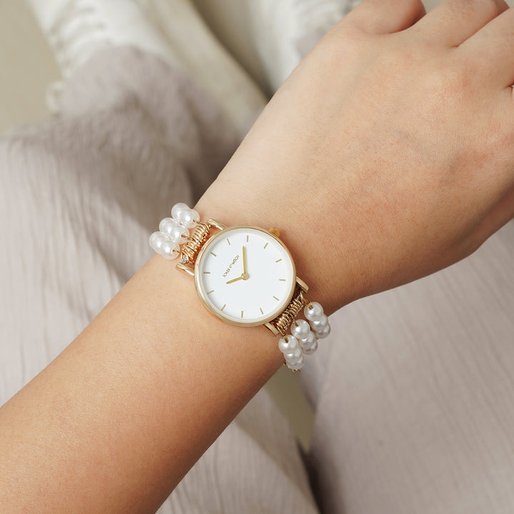 Rosette White Small Dial Gold Pearl Strap Women's Watch